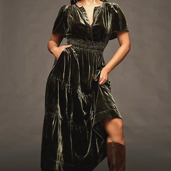 New Anthropologie The Somerset Maxi Dress: Velvet Edition Dark Green L - Picture 3 of 7